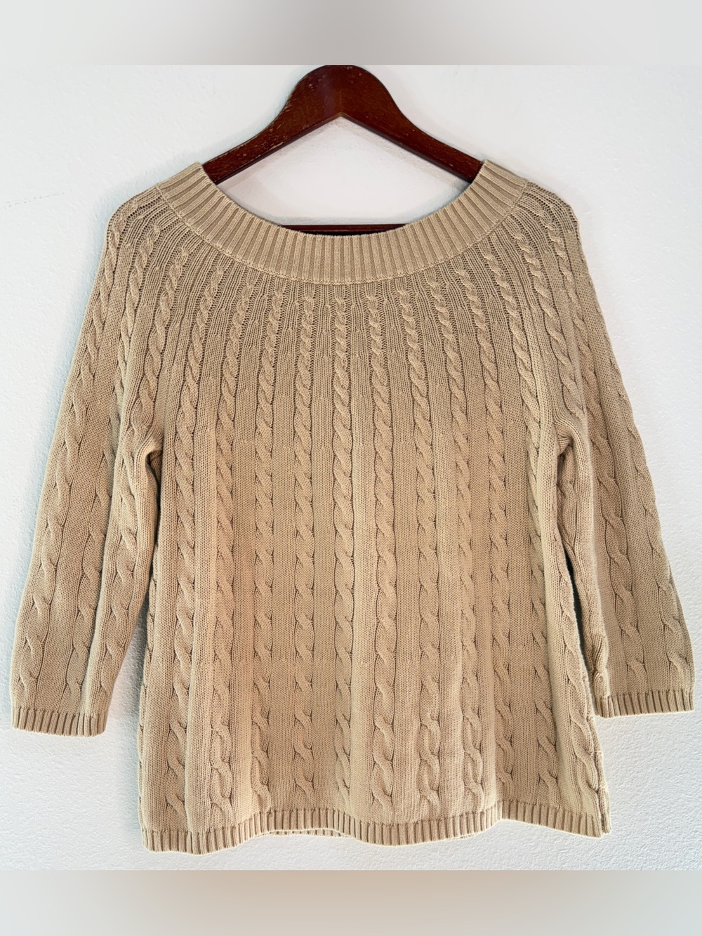Talbots Tan Cable Knit Boat Neck Sweater 3/4 Sleeve Cottagecore Fisherman Prep